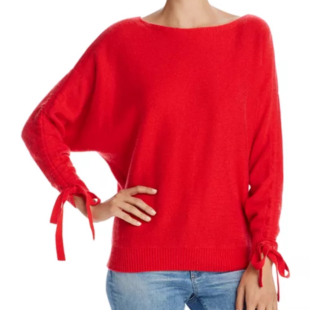 Joie Cashmere Wool Dannee Sweater Ruched-Sleeve Tie-Cuff Women’s Large Red